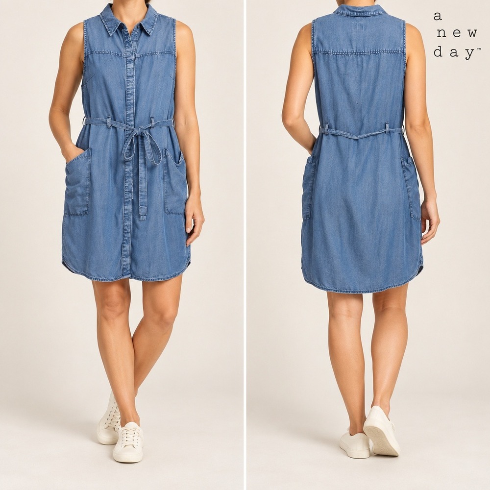 A New Day Denim Shirt Dress Womens M Light Wash Lyocell Sleeveless Tie Waist